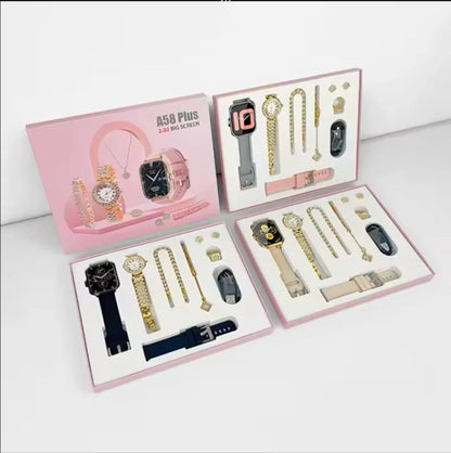 7 in 1 set A58 plus Suit with 2 straps Earrings bracelets necklaces set BT Call 2.02inch women smartwatch